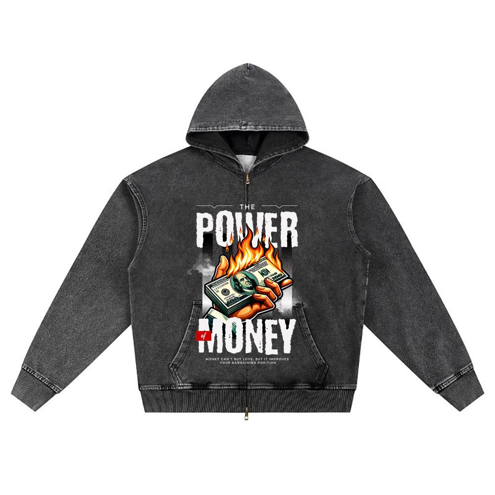DTG Print Knitted Denim Zip-Up Hoodie The Power Of Money Brother Print Zipper Hoodies  