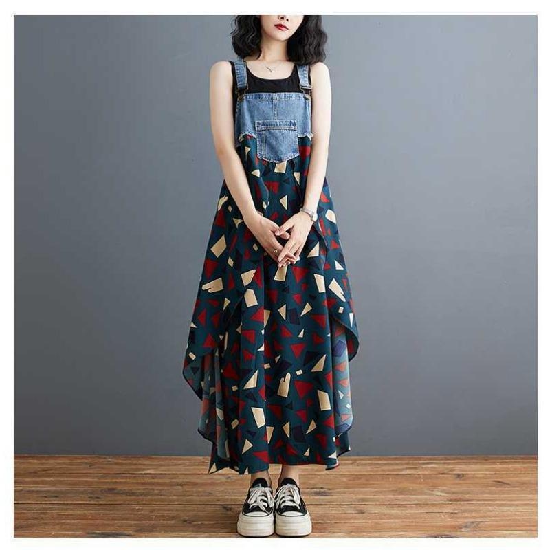 

Женское свободное шифоновое платье средней длины с принтом из денима на подтяжках 3XL