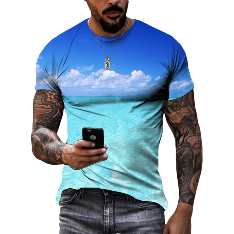 Sommersollys Havbølge Sand Casual Stil grafiske t-skjorter Mote Nye Menn Fritid Trykket Rund Hals Kortermet T-skjorter Topper