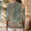 Women's Casual Vintage Floral Print V Neck Button 3/4 Sleeve Top Linen Cotton Blend Shirt for Everyday Wear