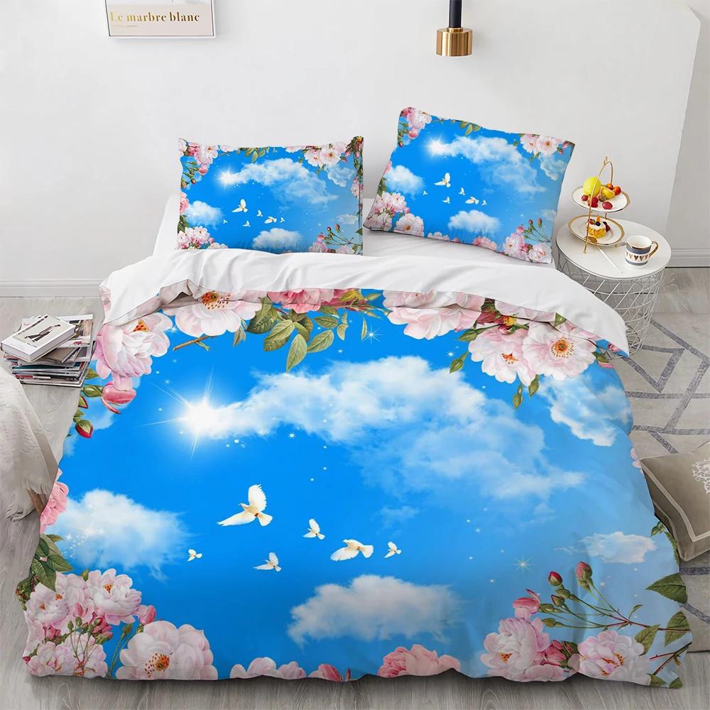 Cloud Sky Bettbezug Queen Size Set Blauer Himmel, Weiße Wolken, Regenbogen Bettbezug Weicher Mikrofaser Bettdeckenbezug Bettwäschesets