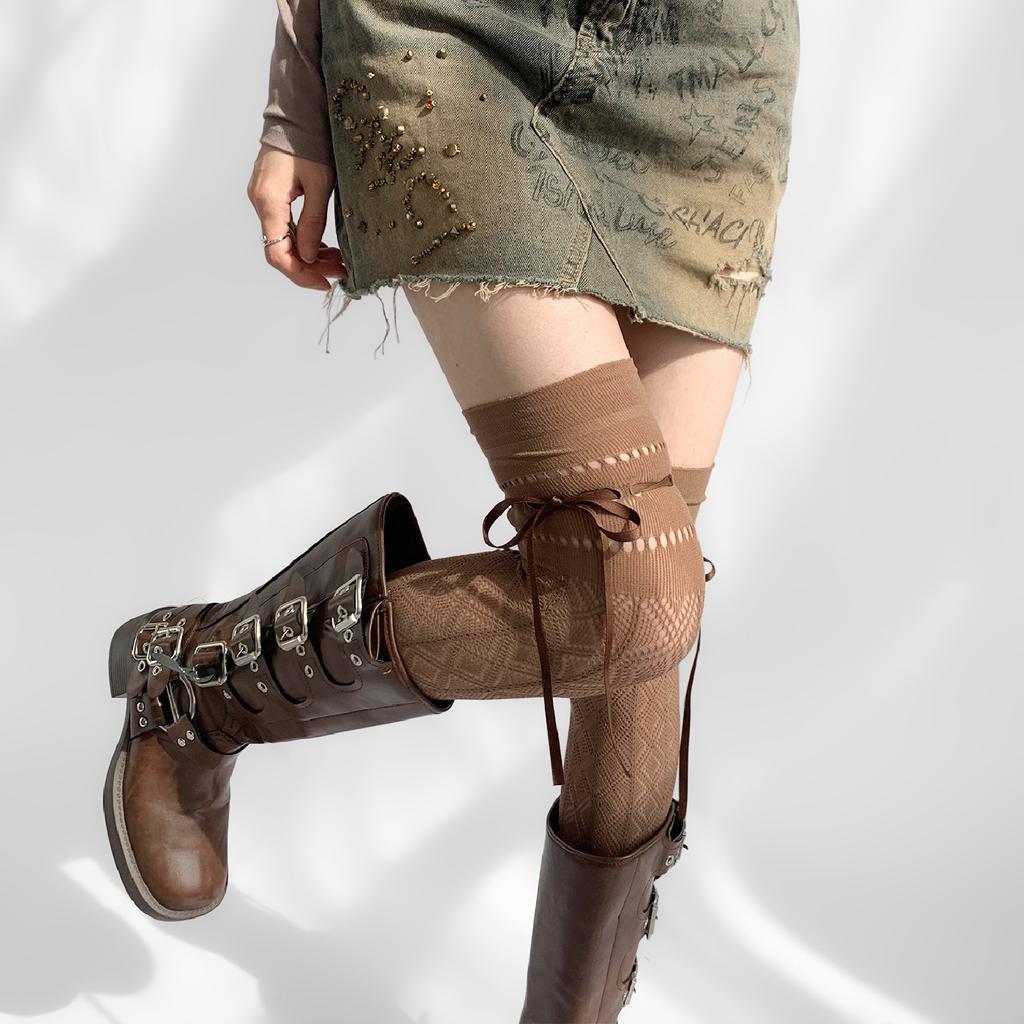Spring And Autumn Maillard Straps Ultra-Thin Hollow Rhombus Mesh Socks Women'S Knee Socks Lace Spice Girls Stockings Pile Stockings