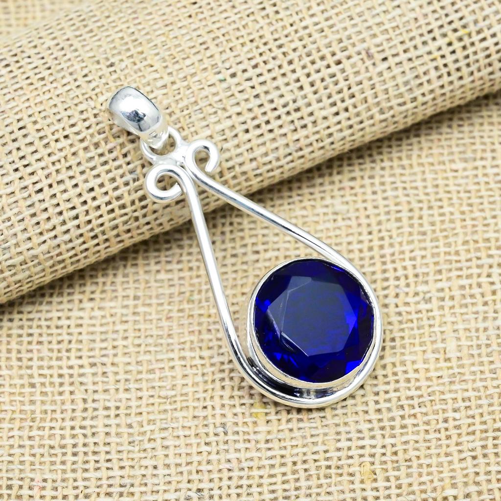 Blue Sapphire Lab-Created Gemstone 925 Sterling Silver Jewelry Handmade Pendant Gift For Wife