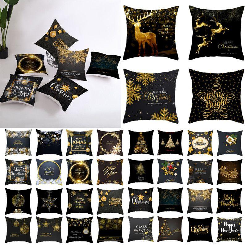 18" Merry Christmas Cushion Cover Home Decor Xmas Throw Pillow Case Gold Black