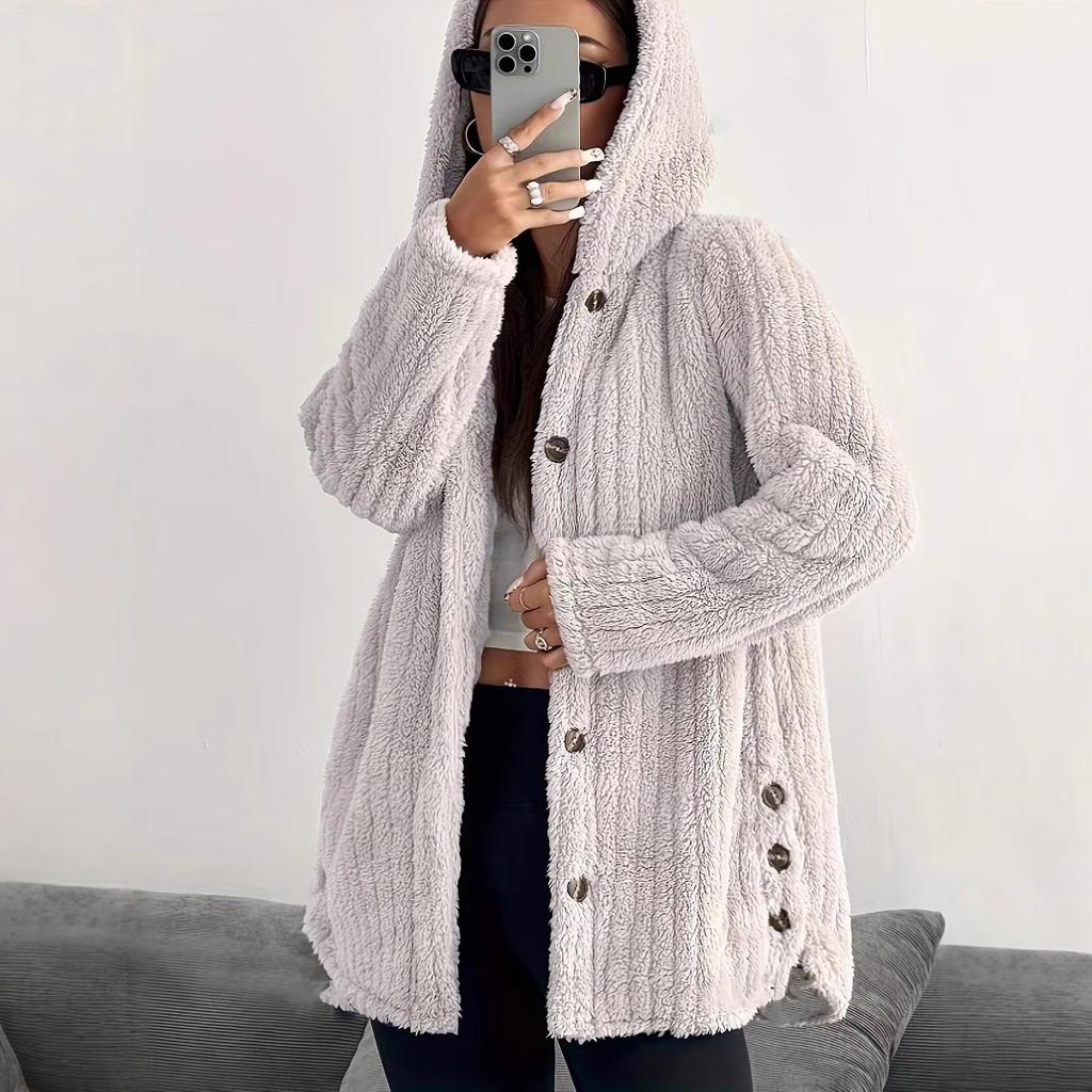 Autumn and Winter Solid Color Long Sleeved Textured Button Hooded Loose Plush Women's Coats
