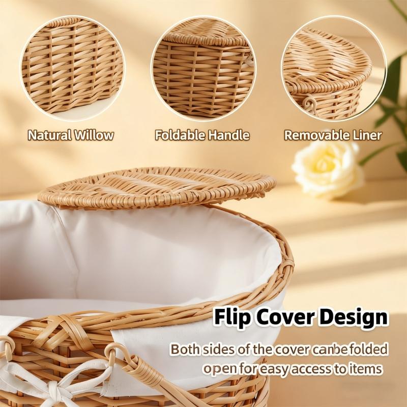 Handwoven Wicker Basket Suitable for Kids Picnics Decorating and Storage with Washable Liner Double Lid Dust Proof
