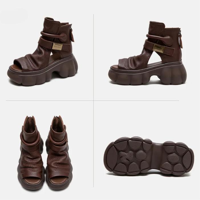 Johnature Thick Sole Height Increasing Retro Hollow-out Peep Toe Roman Sandals Versatile Women's Platform Shoes