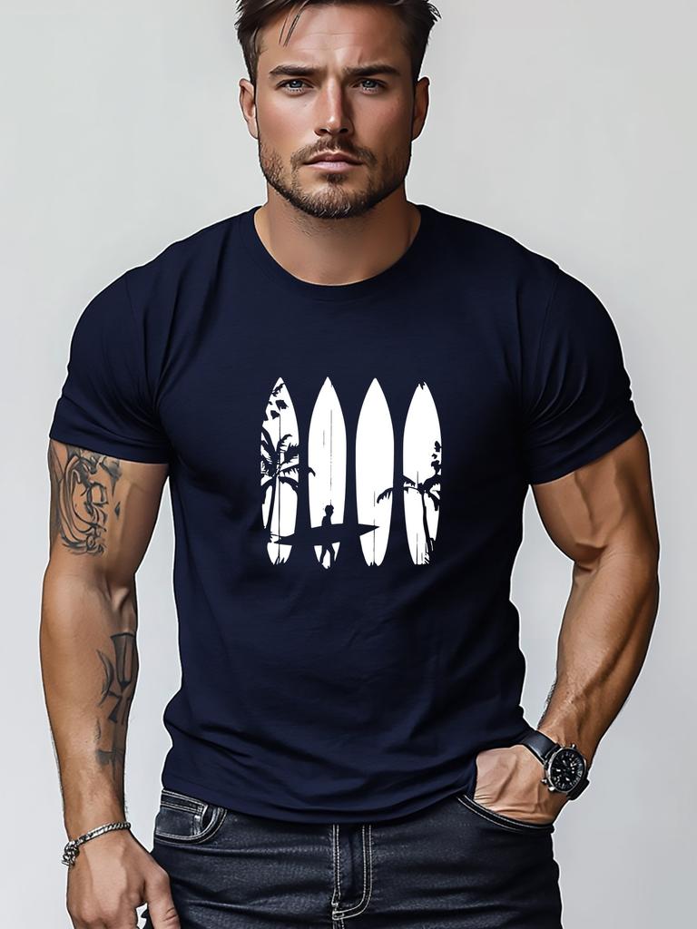 Unisex Summer Casual Short Sleeve T Shirt Surfboard Palm Tree Surfer Silhouette Graphic Slim Fit Street Fashion Tees Tops