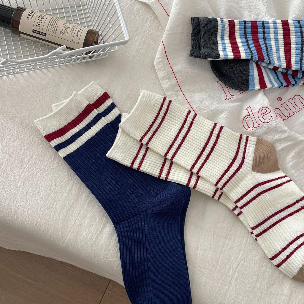 Korean Double Needle Striped Cotton Socks Autumn Retro Sports Stockings Piled Up Socks With Socks Stripes
