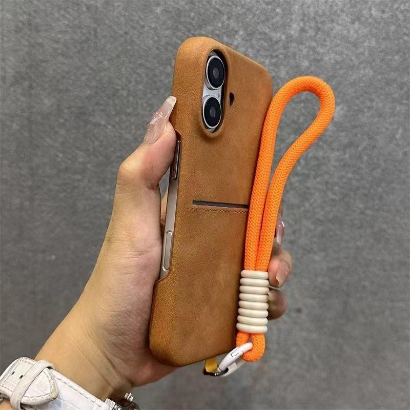 Skin Like Sheepskin Card Insertion Phone Case for IPhone 16 Promax Card Bag S23 Ultra Shell Hanging Rope Sleeve