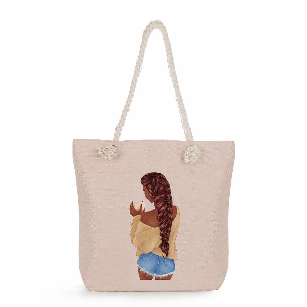 Sisters Print Thick Rope Single-shoulder Beach Bag 7275 CLE