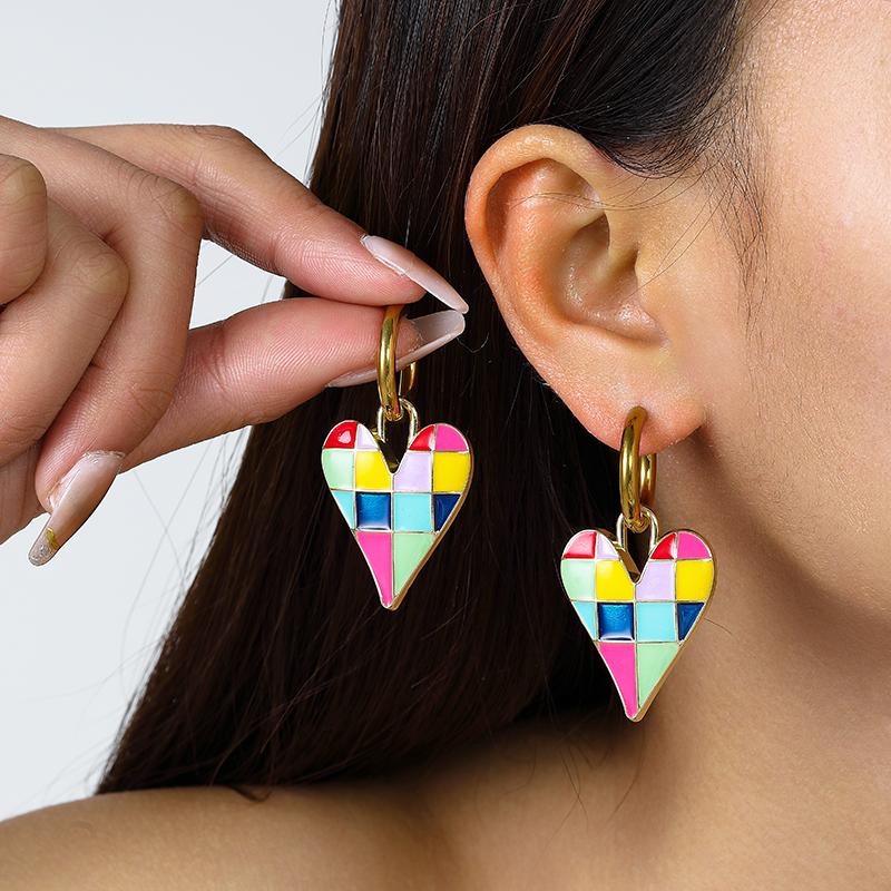 Colorful Love Heart Pendant Gold Color Stainless Steel Earrings For Women Jewelry Vintage Statement Enamel Round Hoop Earrings