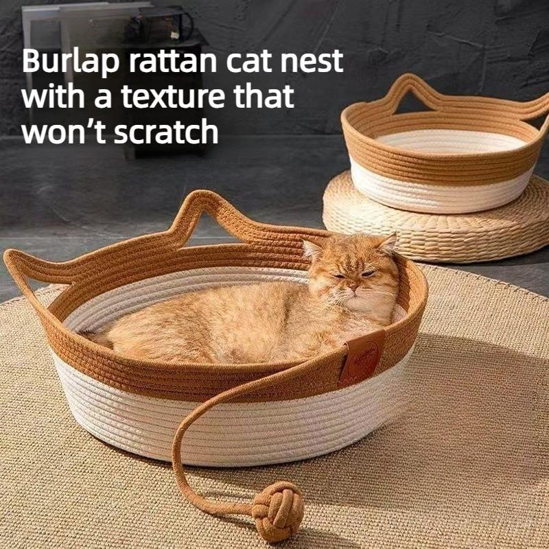 Cat Rattan Bed Round Hand Woven Kitten Bed Summer Wear-resistant Cooling Bed Indoor Sleeping House M/L Size Pet Accessories