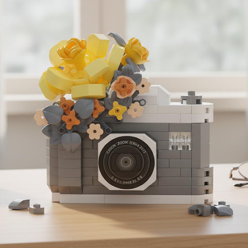 Slr Retro Camera Mirror Flower Model Building Block Set-Creative Trendy Ornament Educational Toy For Children Gift Ornament