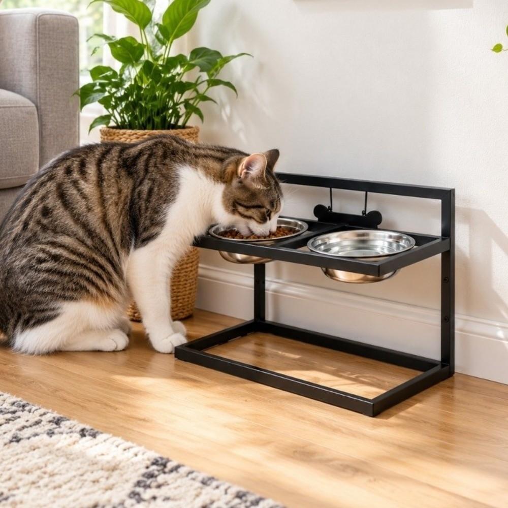 Iron Frame Elevated Dog Bowl Double Bowls Cat Bowl Stand Pet Feeder Raised Cat Bowl Holder Indoor