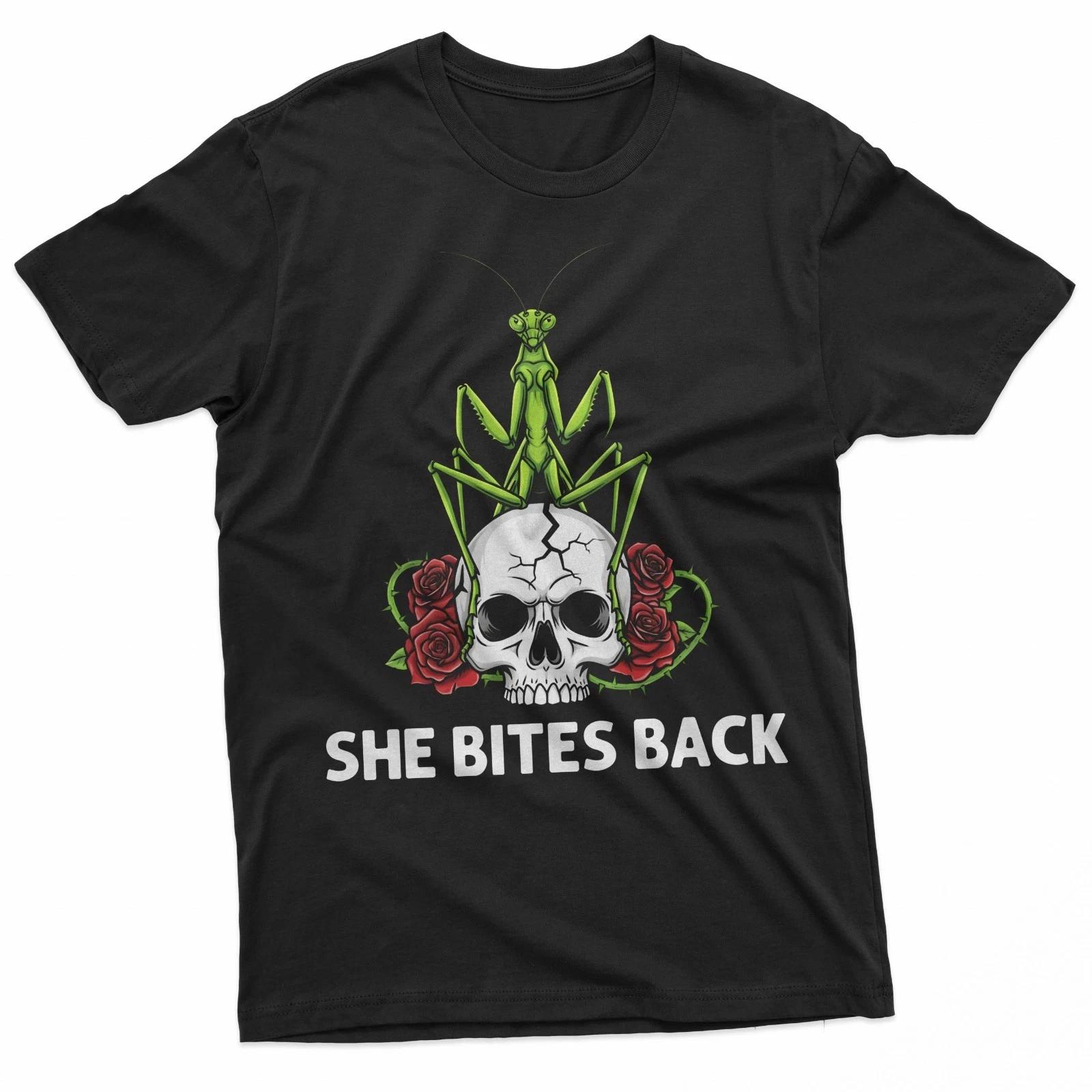 

She Bites Back Mantis Roses And Skull Goth Humor Women 100% Cotton T-shirt Mens Tees Top L