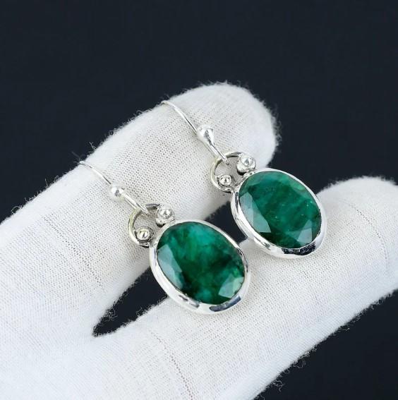 Hint Zümrüt Küpe, 925 Ayar Gümüş Küpe, Zümrüt Çerçeve Seti Takı, Elips Zümrüt Küpe, Bohem Takı, Ona Hediye.