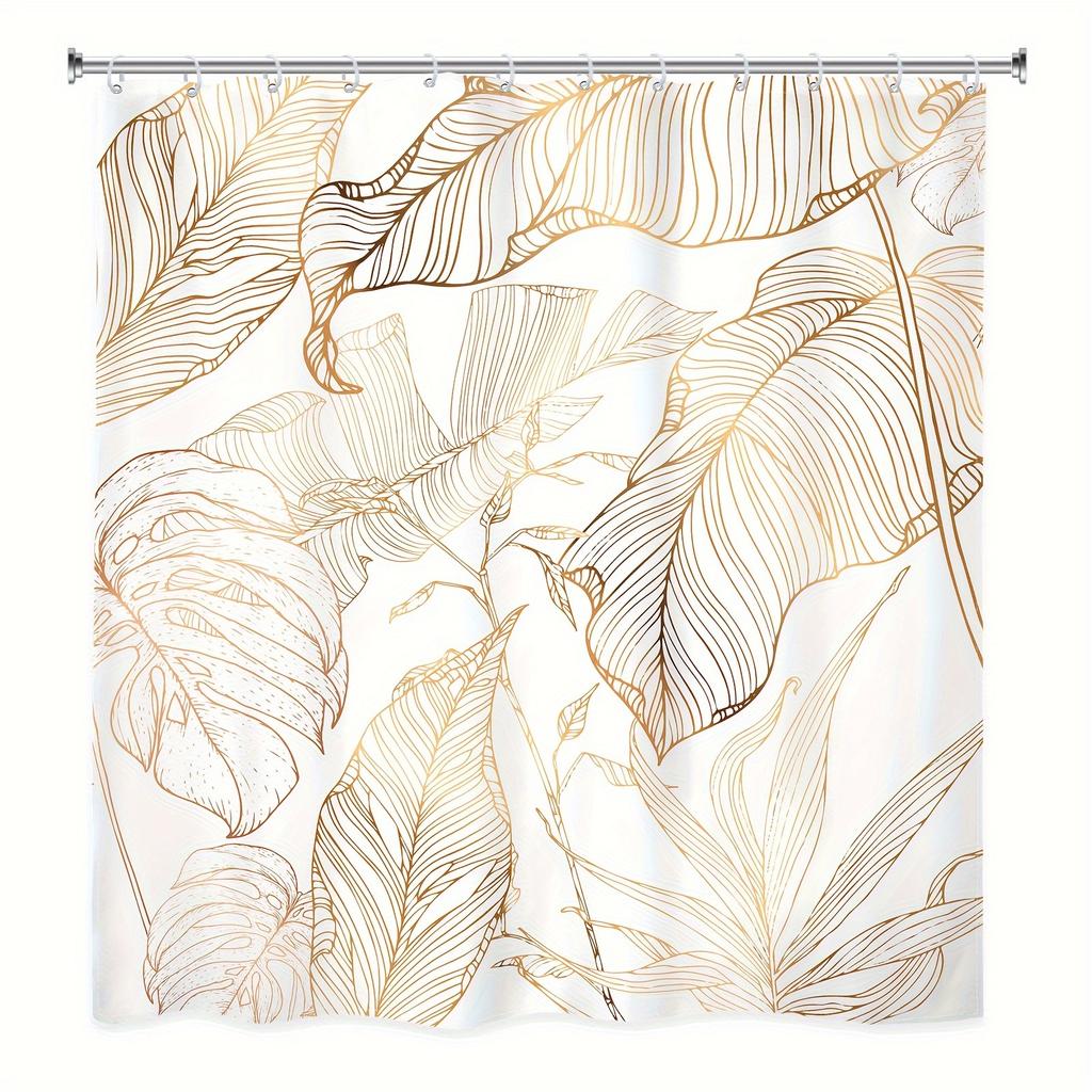 1/4pcs White Golden Tropical Leaf Waterproof Shower Curtain Set Decorative Bathroom Set Non-Slip Carpet Toilet Cover Bath Mat And 12 Hooks