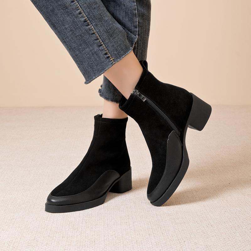 Women's Short Boots Genuine Leather Chunky Heel High Heel Boots Female Large Size Pointed Toe Women Ankle Boots