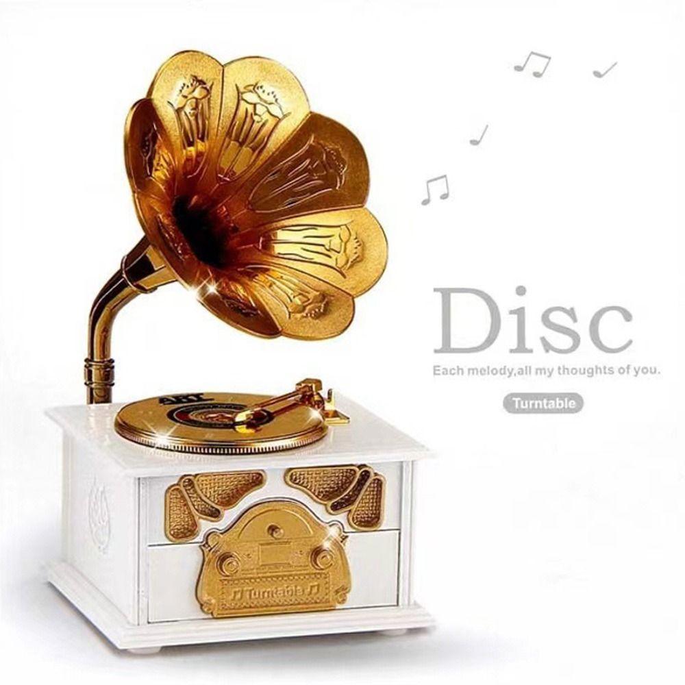 Carillon Grammofono Stile Vintage con Cassetto Bianco Marrone Carillon Fonografo Modello Grammofono Design Stile Europeo