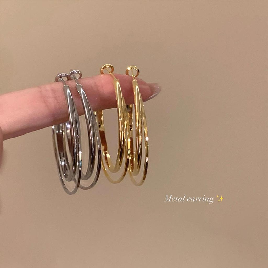 Women's Luxury Double Layer Circle Earrings - Large Hoop and Plain Stud Ear Cuffs