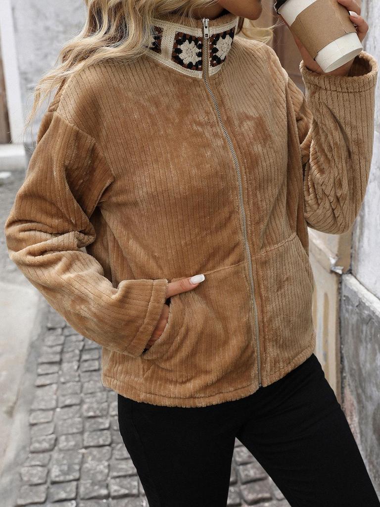 Ethnic Patchwork Plush Zip Cardigan - Fall/Winter 2025