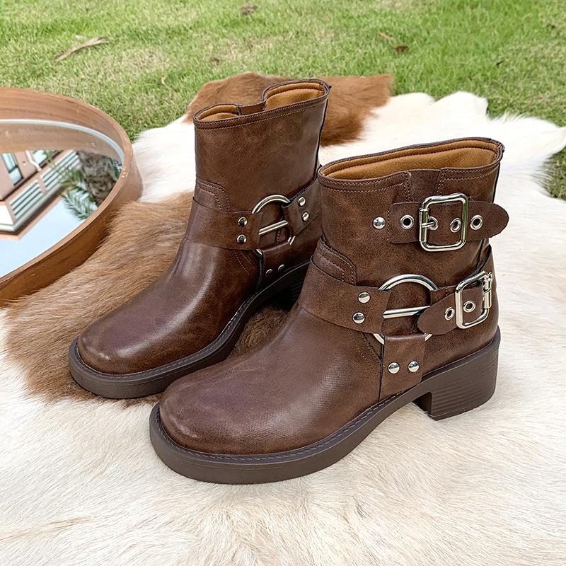 Fashion Vintage Woman Western Cowgirl Boot Fashion Belt Buckle Short Booties Autumn Winter Thick Heel Girl Shoes