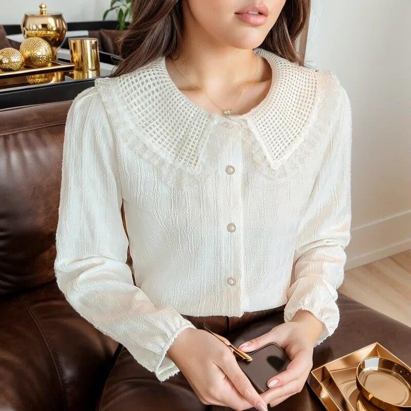 

Сладкая шифоновая блузка, темпераментные белые топы, женская мода, воротник Питера Пэна, кружевная жаккардовая рубашка с длинными рукавами, женская одежда 29714 S абрикосовый