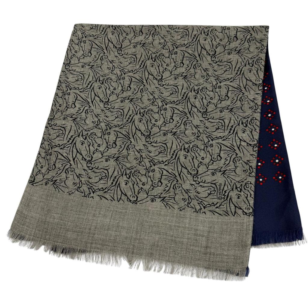 Excellent HERMES Scarf Tisse Reversible Horse Mix Fringe Gray Cashmere Mens Used