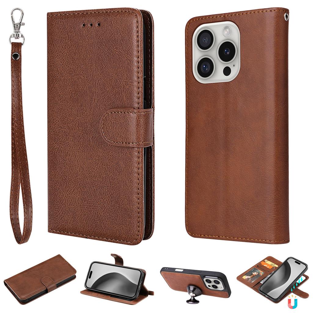 For iPhone 16 Pro Case 2 in 1 Detachable Magnetic Leather Wallet Mobile Cover with Strap