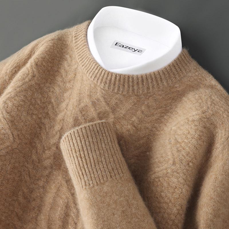 Men s Thick All-Wool Round Neck Jacquard Sweater - Loose Casual Solid Color Medium