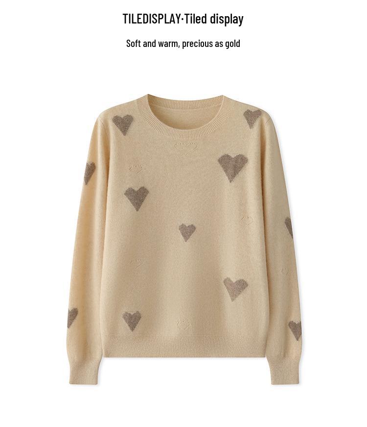 Women's Cashmere Color Block Heart Patchwork Sweater - Round Neck Long Sleeve Pullover