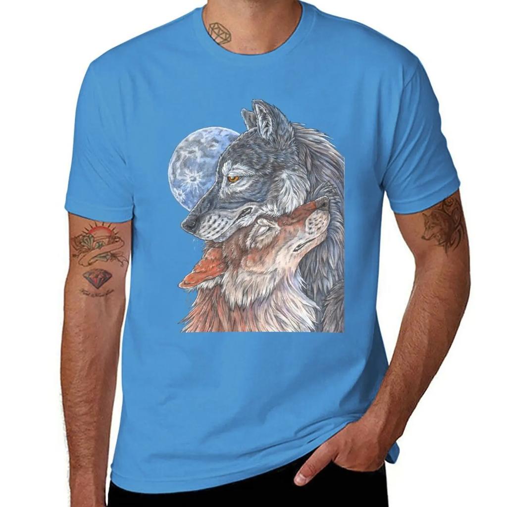 Two Wolves Under Full Moon, No Background T-Shirt Summer Top Heavyweights Mens Graphic T-shirts Hip Hop