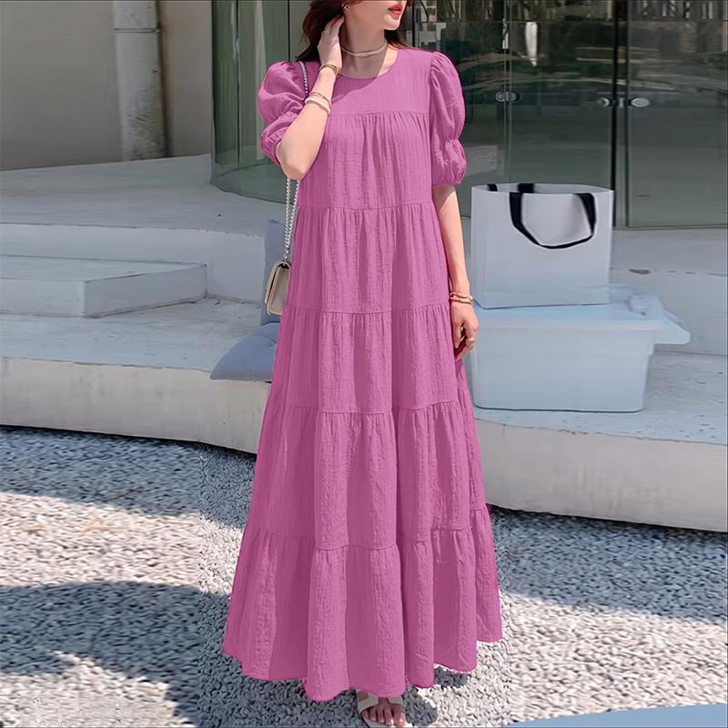 ZANZEA Damen Freizeit Rundhals Locker Kurzarm Langes Kleid
