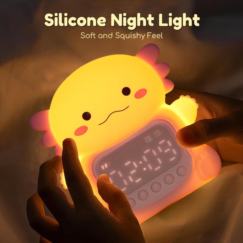 Axolotl Alarm Clock with Night Light for Kids Cute Bedroom Alarm Clock with RGB Lighting OK to Wake Clock Silicone Animal Tabletop Lamp For Teen Girls