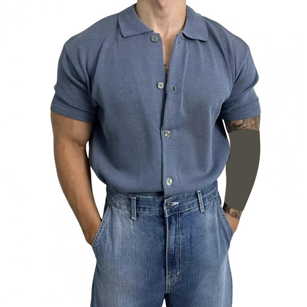 

Летняя мужская рубашка трикотажная с короткими рукавами и отложным воротником, однобортный эластичный однотонный кардиган, свободная повседневная одежда, повседневная одежда M серый