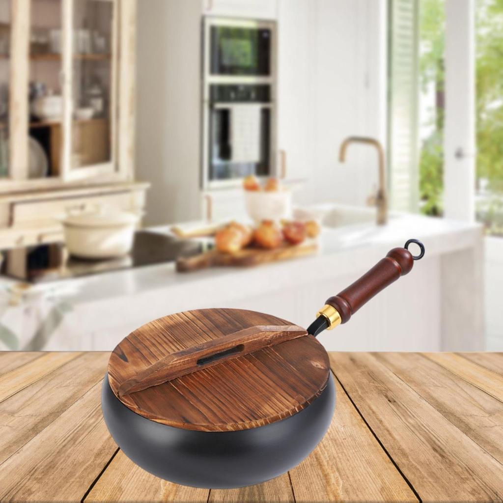 Cooking Pot Iron Wok with Wooden Lid for Home And Camping