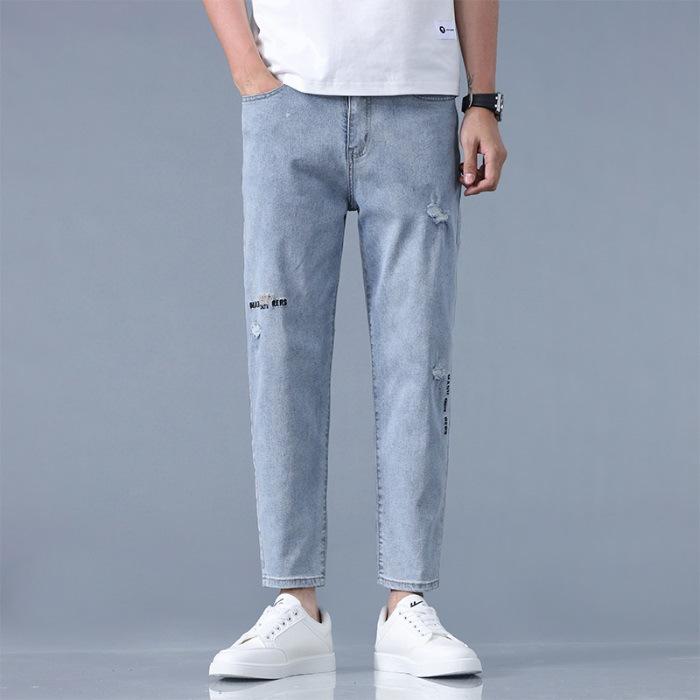 

Новые мужские брюки длиной девять точек на весну и лето, приталенные, рваные, тонкие, с зауженным низом, корейская версия, брюки длиной 9 точек 36