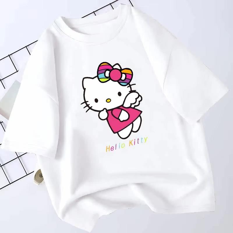 2026 Summer HelloKitty Cartoon Graphic Tee Casual Short Sleeve Cotton Tops for Adults Kids Lovely Kawaii Streetwear Style