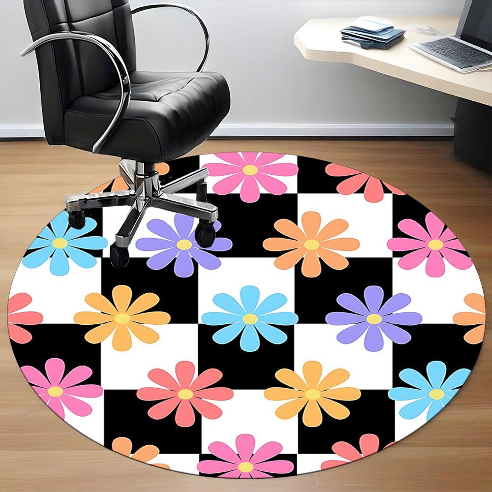 1pc Floral Checkered Office Round Area Rug, Mat Suitable For Office, Under Office Chairs Bedroom Living Room Home Decor, Room Deco