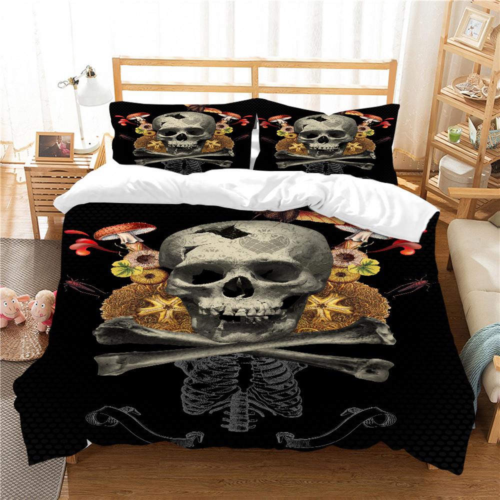 Schwarze 3D-Bettwäsche mit Totenkopfkopf, Einzelbett, Doppelbett, voller  Kopfkissenbezug und Bettbezug, 2 oder 3 gruseliger Totenkopf-Aufdruck