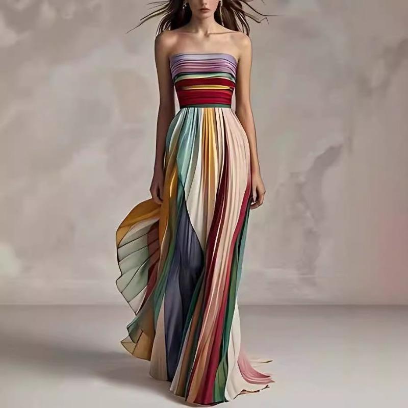 Sexy Strapless Print Color Long Dress Dress