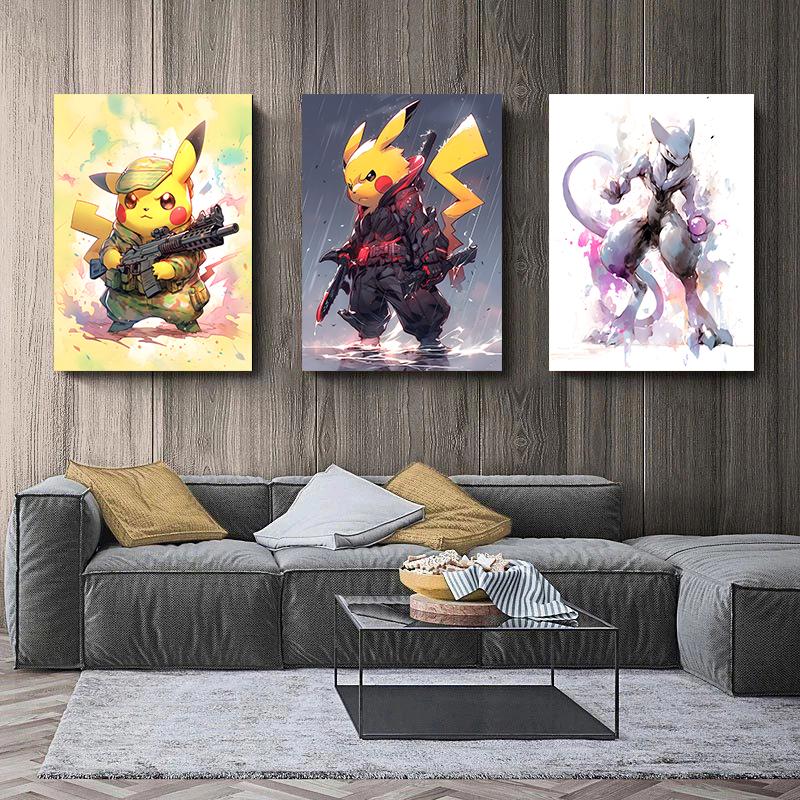 Japanese Anime Cartoon Canvas Painting Pokemon Pikachu Mewtwo Posters Mural Pictures Wall Art Kids Room Aesthetic Decor Cuadros