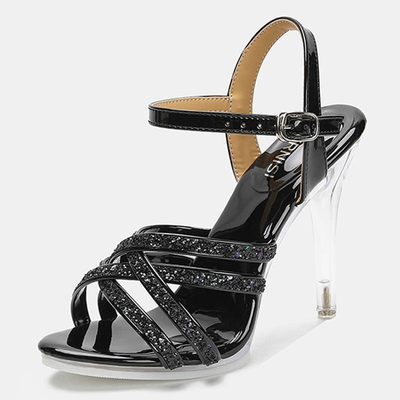 Damen Glitzer Kristall High Heel Sandalen Knöchelriemen Peep Toe Stiletto Sandalen für Büro Nachtclub Party Bankett Tanz Laufsteg