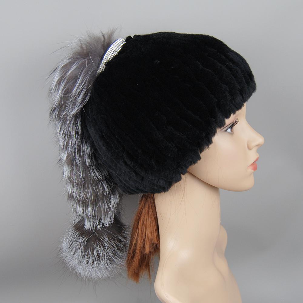 Russia New Style Women Natural Real Fox Fur Beanies Hat Girls Natural Real Rex Rabbit Fur Skullies Cap Knit Winter Real Fur Hats