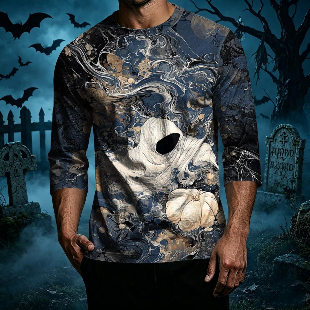 Men's Casual Halloween Print Crew Neck T Shirt Three Quarter Sleeve Top with Graphic Design for Seasonal Wear