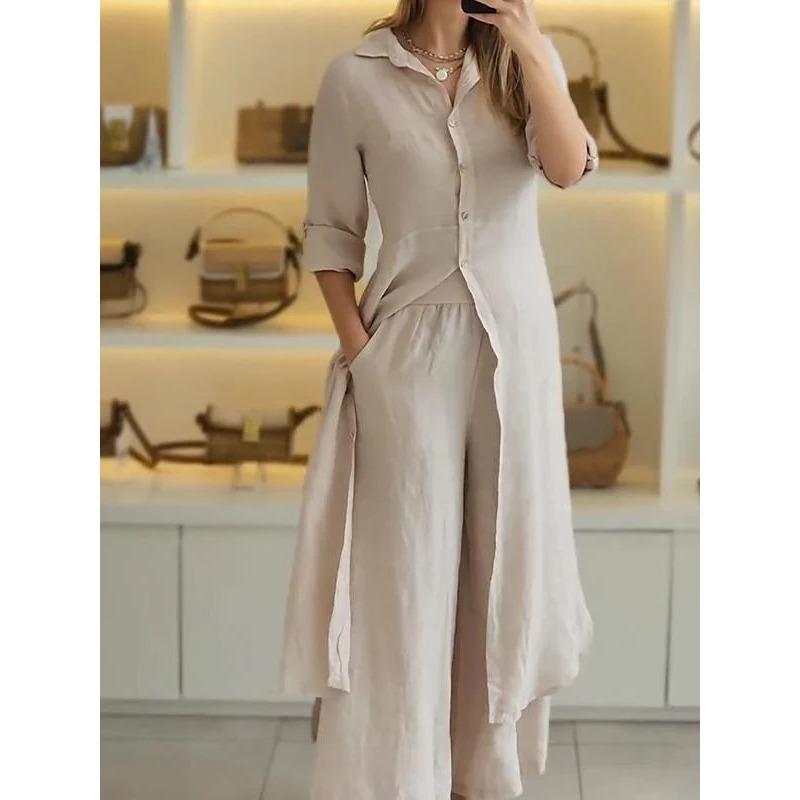 Women's Summer, Spring and Autumn Elegant Cotton and Linen Slim Waisted Long-sleeved Wide-legged Trousers Suit