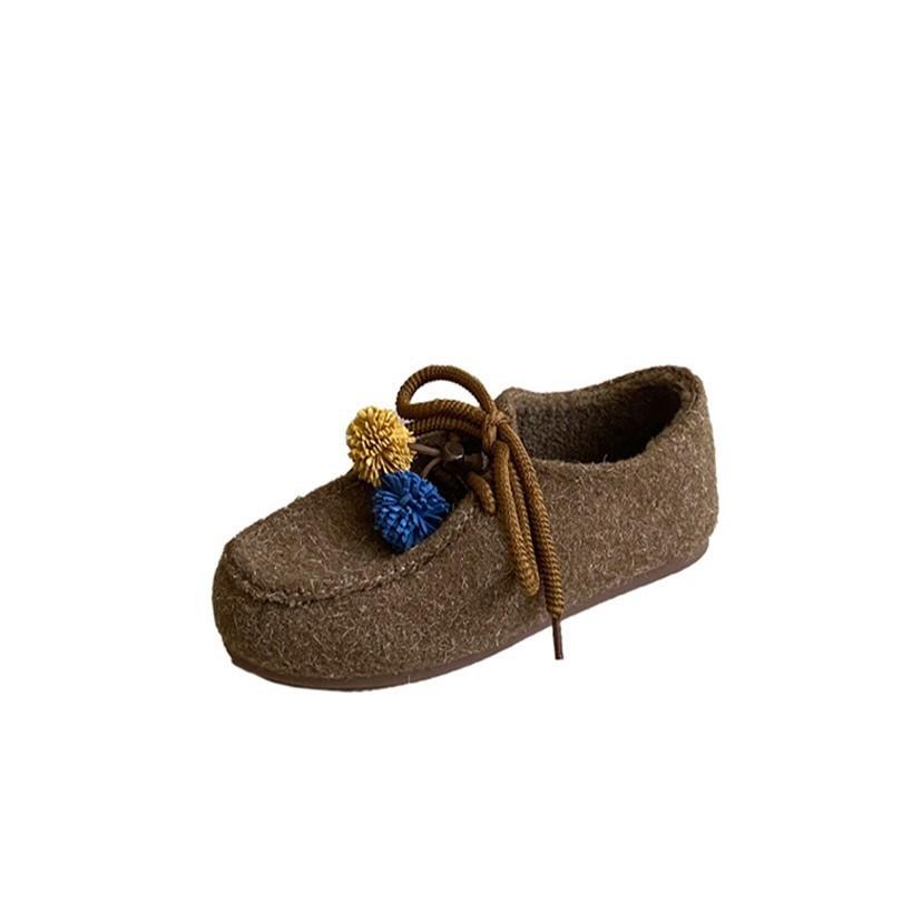 2025 new round toe platform matte flat outer wear commuter soft-soled women's singles shoes wool wool boxen shoes