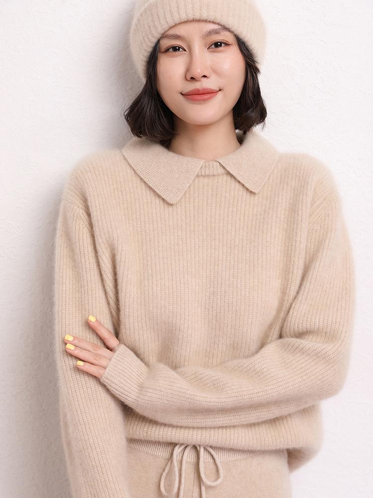 Women's Solid Color Lapel Cashmere Sweater - 2026 Autumn/Winter Collection, Gentle Style, Loose Fit, Slimming, Warm Knit Base Layer.
