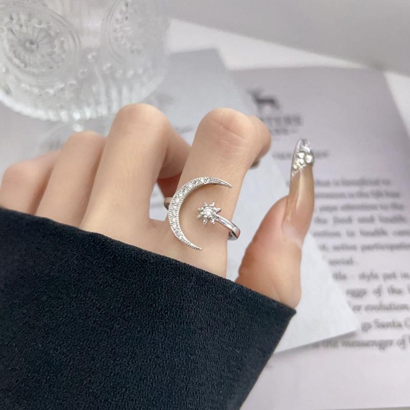Adjustable Star and Moon Open Ring - Trendy Crescent Moon Index Finger Jewelry for Women Adjustable